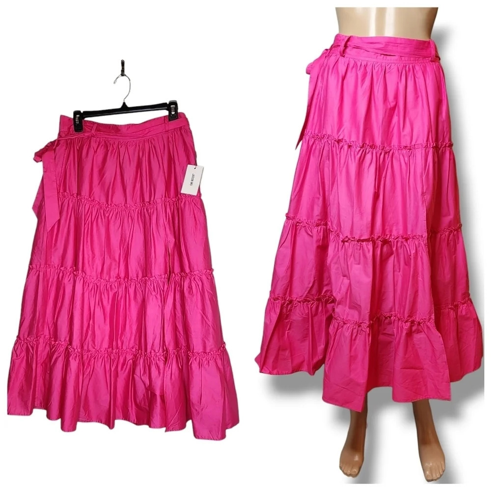 NWT Jason Wu Cotton Pink Tiered Ruffle Belted Maxi Skirt Front Slit Size Large